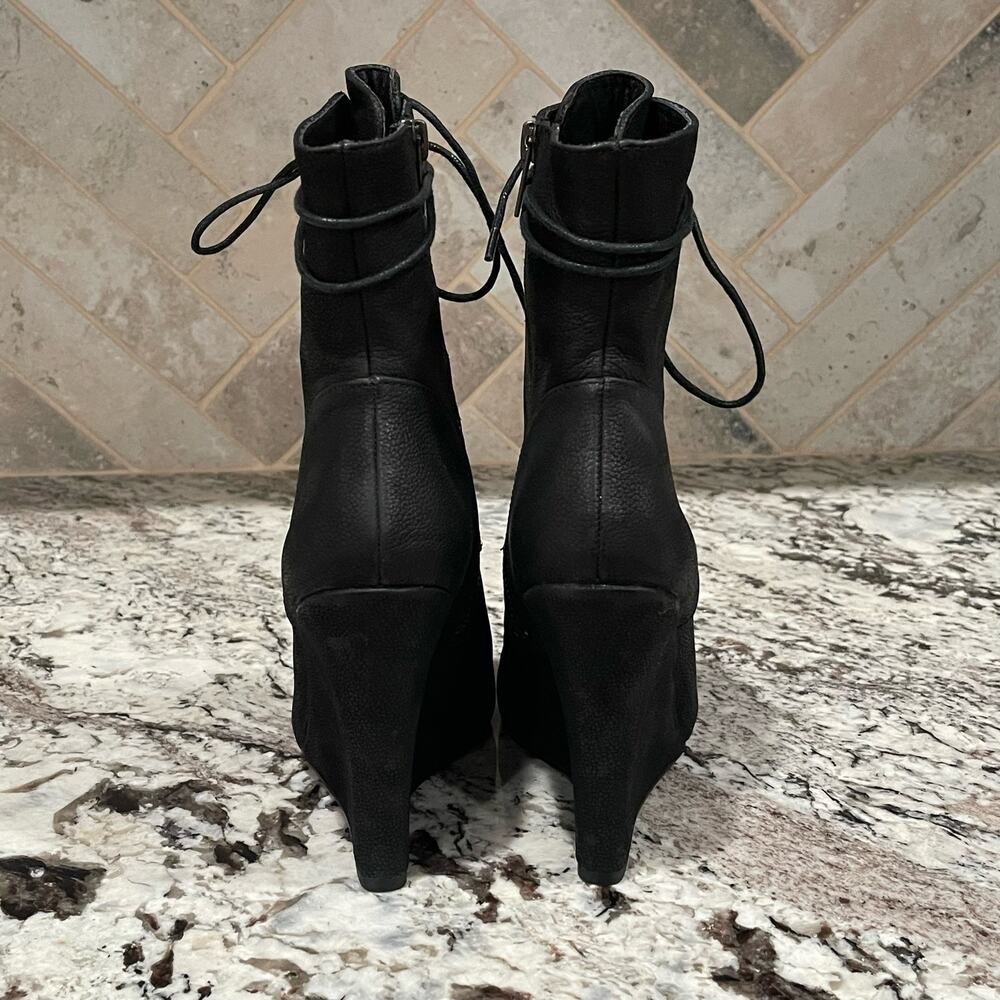 Joie Black Leather Lace Up Wedge Ankle Boots‎ Side Zip Almond Toe Size 37 - Picture 8 of 11